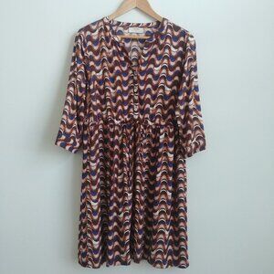 70s vibe brown and blue geometric pattern dress button front drawstring waist 40